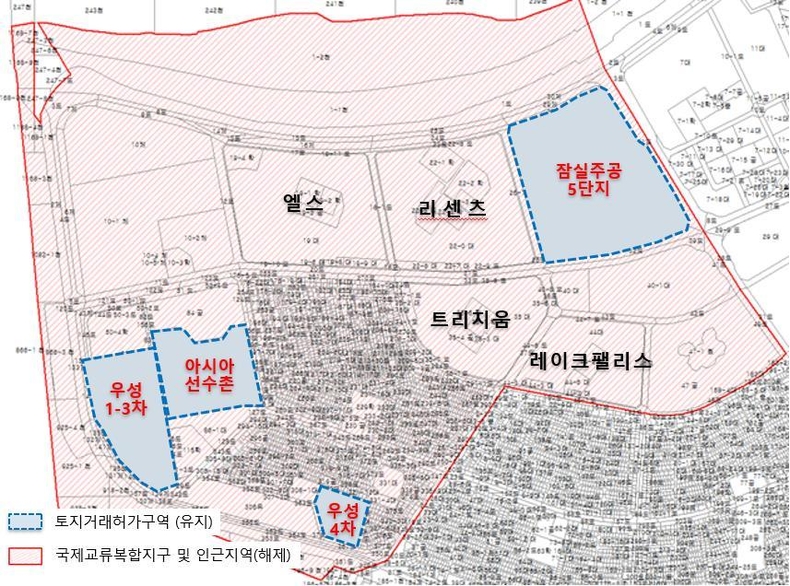(해제) 잠실엘스, 리센츠, 트리지움, 레이크팰리스 등 15개 아파트, (유지) 잠실주공5단지, 우성1·2·3차, 우성4차, 아시아선수촌 /이미지 제공 송파구